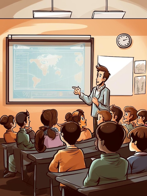 eine Cartoon-Illustration von Schülern in einem Klassenzimmer mit einem Lehrer, der eine Präsentation hält.
