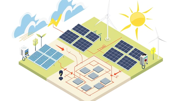 eine Cartoon-Illustration von Solarmodulen und Solarmodulen