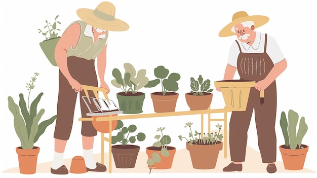 eine Cartoon-Illustration von zwei alten Männern, die in einem Garten sitzen