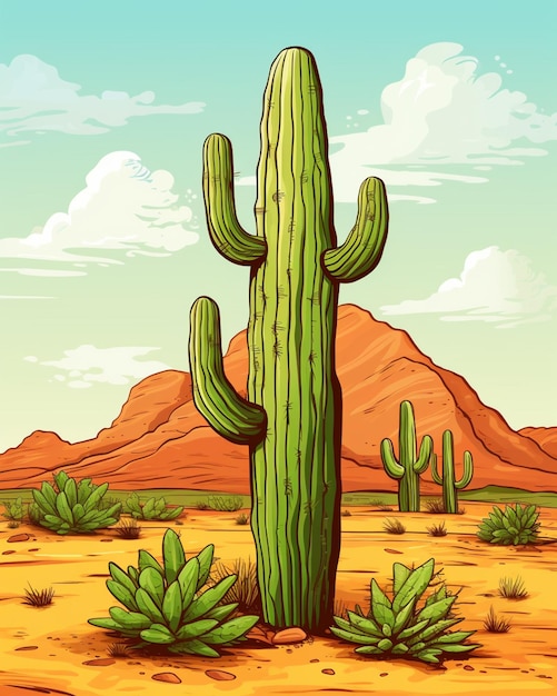 eine Cartoon-Kaktuspflanze in der Wüste mit Bergen im Hintergrund, generative KI