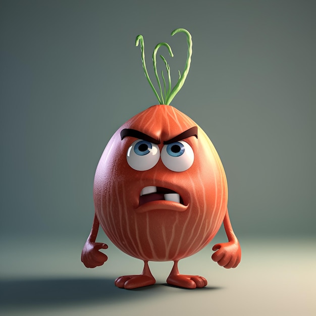Eine Cartoon-Karotte mit wütendem Gesichtsausdruck steht vor einem grauen Hintergrund.