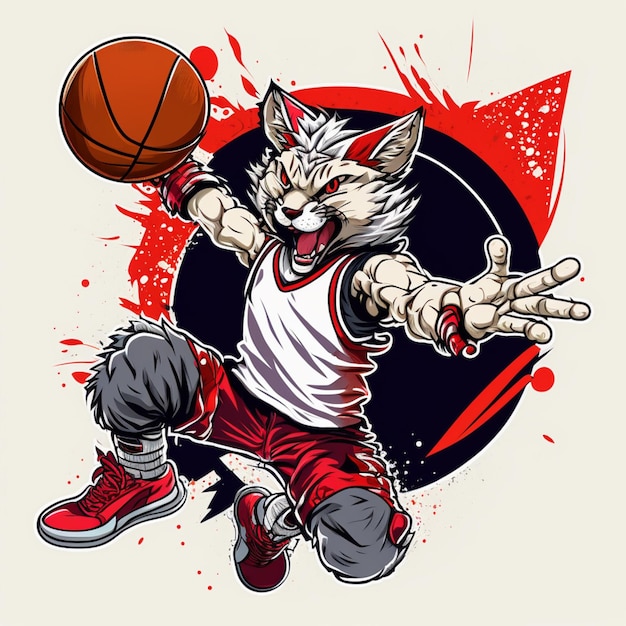 Eine Cartoon-Katze mit einem Basketball auf seinem T-Shirt spielt Basketball.