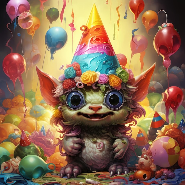 eine Cartoon-Katze mit einem Party-Hut auf dem Kopf ist von Ballons und Ballons umgeben.