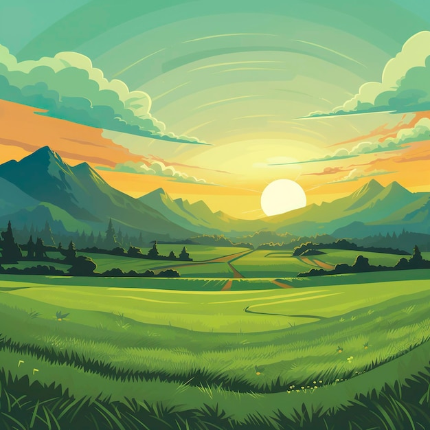 Eine Cartoon-Landschaft aus einer grünen Wiese und Bergen, KI-generativ