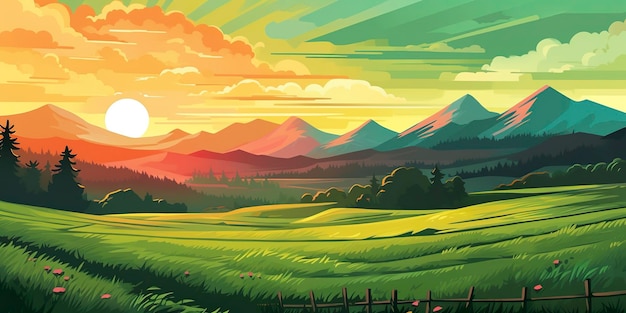 Eine Cartoon-Landschaft aus einer grünen Wiese und Bergen, KI-generativ