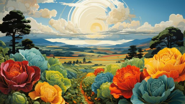 Eine Cartoon-Landschaft mit bunten Blumen und blauem Himmel