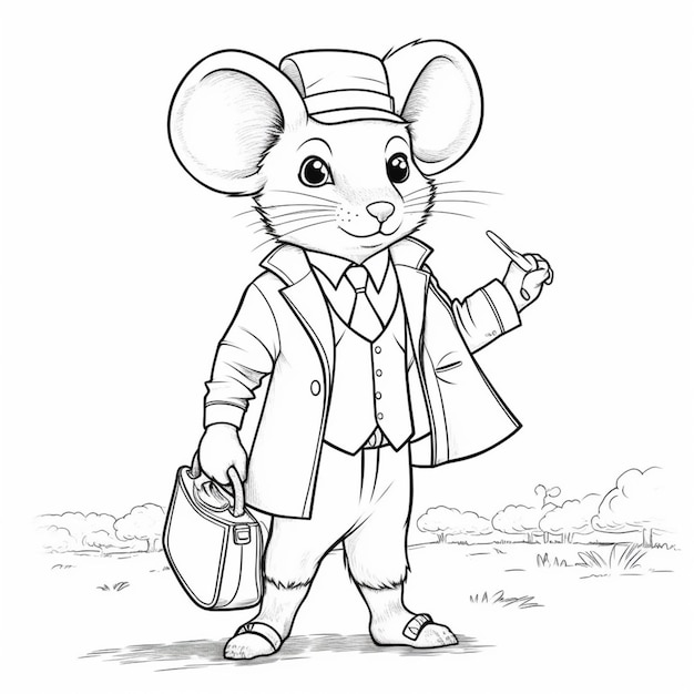 eine Cartoon-Maus, gekleidet in einen Anzug und eine Krawatte mit einem Koffer