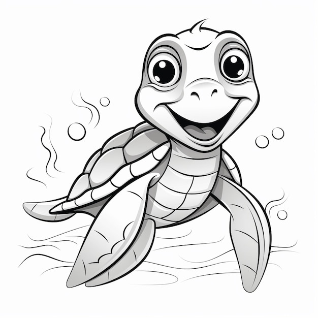 eine Cartoon-Schildkröte, die mit einem Lächeln im Gesicht im Meer schwimmt, generative KI