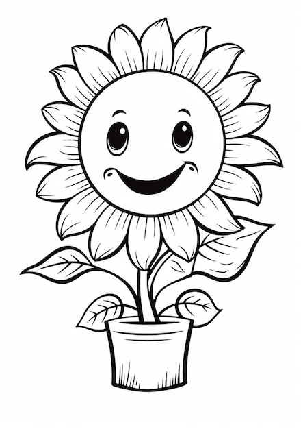 Eine Cartoon-Sonnenblume mit einem glücklichen Gesicht in einem Topf mit generativer KI