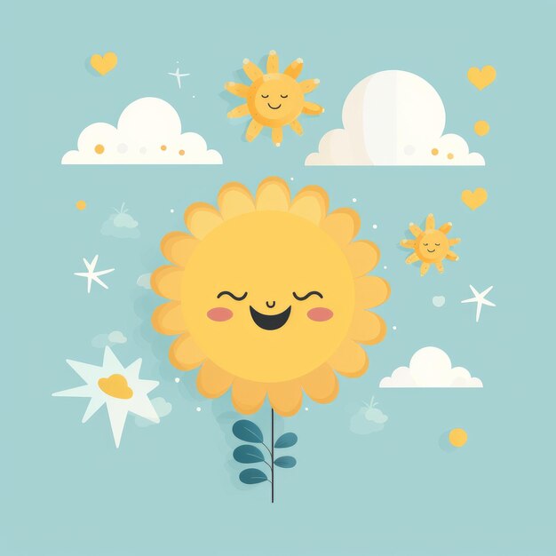 eine Cartoon-Sonnenblume mit Wolken und Sternen auf blauem Hintergrund