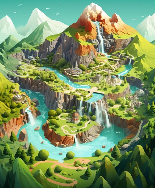 eine Cartoon-Stil-Illustration einer Berglandschaft mit einem Wasserfall generative ai