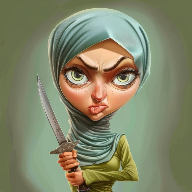 eine Cartoon-Zeichnung einer Frau mit einem Messer in der Hand