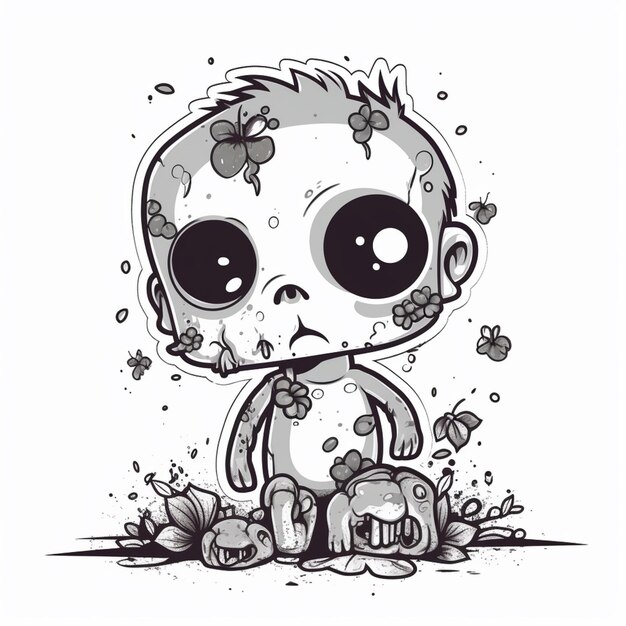eine Cartoon-Zeichnung eines Baby-Zombies mit einer Blume im Mund