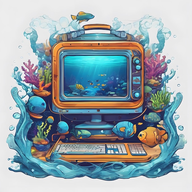 eine Cartoon-Zeichnung eines Computers mit Fischen, die um ihn herum schwimmen