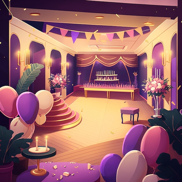 Eine Cartoon-Zeichnung eines Partyraums mit Bar und Luftballons.