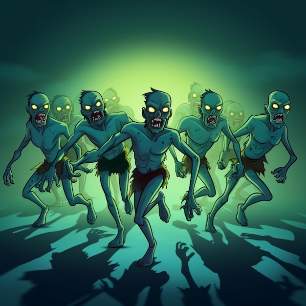 eine Cartoon-Zeichnung eines Zombies mit grünen Augen und grünem Hintergrund.