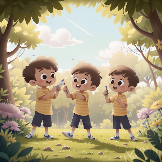 Eine Cartoon-Zeichnung von drei Jungen mit Waffen in einem Wald.