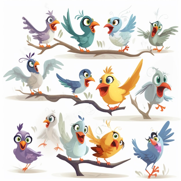 Eine Cartoon-Zeichnung von Vögeln auf einem Ast, von denen einer „ein Vogel“ sagt.