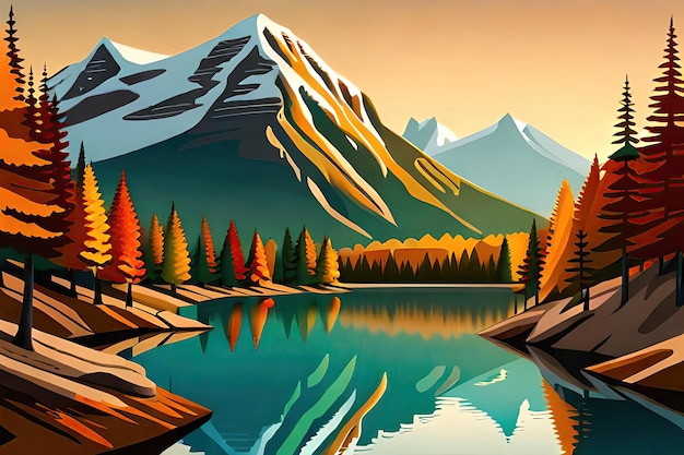 Eine Cartoonillustration eines Flusses mit einem Berg im Hintergrund