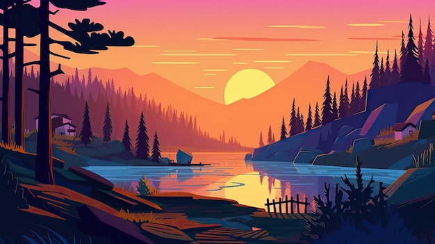 Eine Cartoonillustration eines Sees mit Bergen und einem Sonnenuntergang
