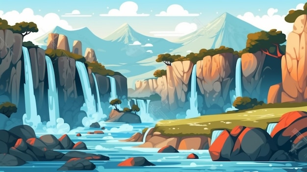 Eine Cartoonillustration eines Wasserfalls in einer generativen Berglandschaft