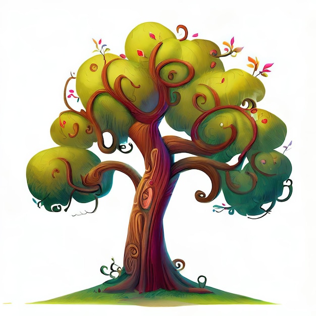 Eine Cartoonzeichnung eines Baumes mit einem grünen Baum in der Mitte.