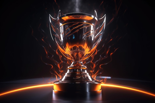 Eine Champions-Trophäe auf dem dunklen, abstrakten, glänzenden Hintergrund. Goldenes Pokalfeuer und fallender Konfetti-Sportpreis. Generative KI-Illustration