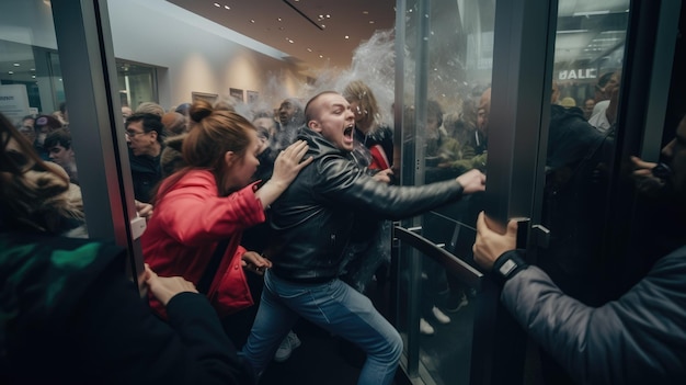 Eine chaotische Szene mit Käufern, die am Black Friday durch die Türen eines Ladens stürmen