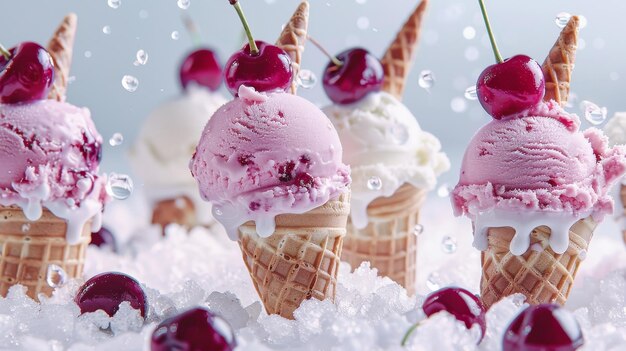 Foto eine charge von schwimmenden eiscreme-kegeln mit kirschen auf der oberseite, ai-generierte illustration