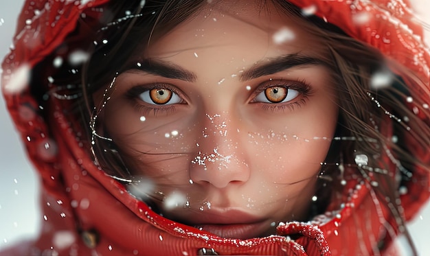 Eine charmante Frau mit fesselnden Augen, die in eine mit Schnee bedeckte rote Parka gewickelt ist