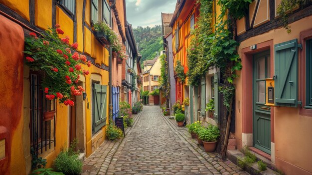 Foto eine charmante kopfsteinstraße, die von bunten häusern und blumigen fensterboxen in einer europäischen stadt gesäumt ist