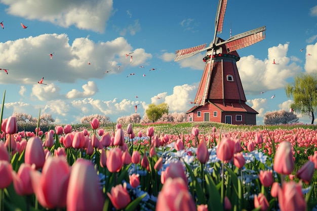 Eine charmante niederländische Windmühle, umgeben von Tulpenblumen