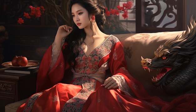 Eine chinesische Frau in traditioneller chinesischer Kleidung mit schwarzen Haaren