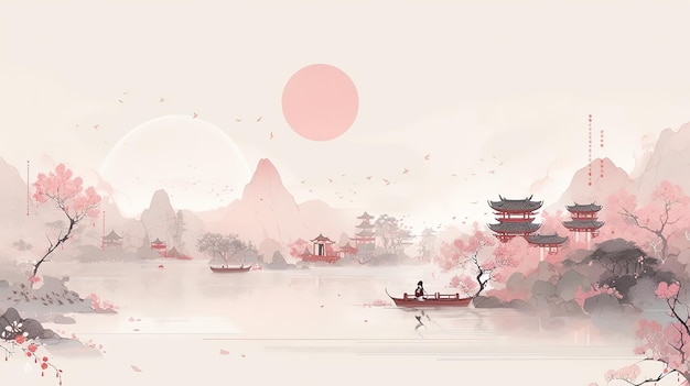 eine chinesische Landschaftsmalerei, die Menschen als Aktivitäten darstellt
