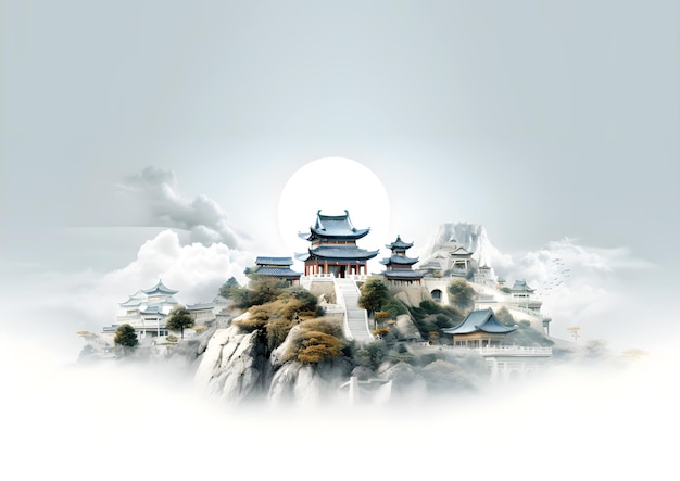 eine chinesische Pagode ist von Wolken und Bäumen umgeben