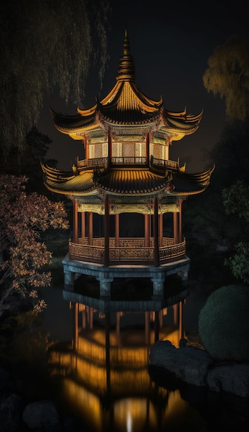 Eine chinesische Pagode steht nachts in einem Teich.