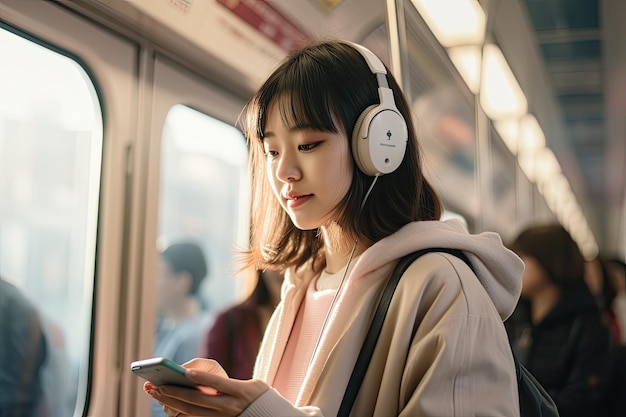 Foto eine chinesische person, die kopfhörer trägt und ein handy hält, ist in der u-bahn polarizin