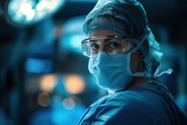 Eine Chirurgin mit Schutzbrille und chirurgischer Maske steht im Operationssaal, umgeben von medizinischer Ausrüstung, wachsam