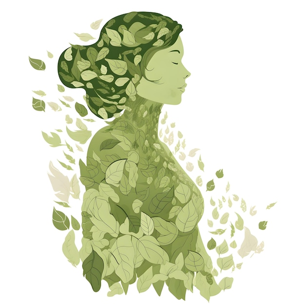 Eine Clipart-Illustration einer Dame aus Blättern mit glatter Textur und weißem Hintergrund