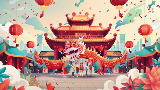 Eine CNY-Illustration in einem Papierkunststil Menschen führen auf dem Platz einen Drachen-Tanz mit traditioneller asiatischer Architektur und einer Papierschriftrolle auf der Rückseite durch.