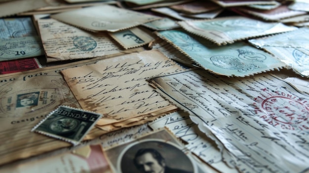 Foto eine collage aus alten postkarten, briefmarken und handgeschriebenen briefen, die ein gefühl der nostalgie hervorrufen und