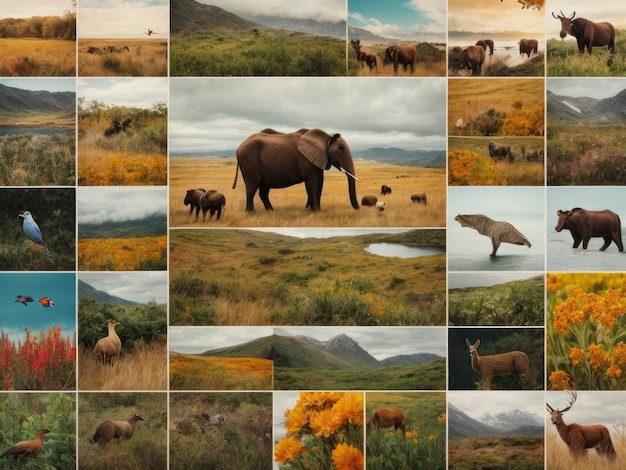 eine Collage aus Bildern von Tieren auf einem Feld mit Bergen im Hintergrund