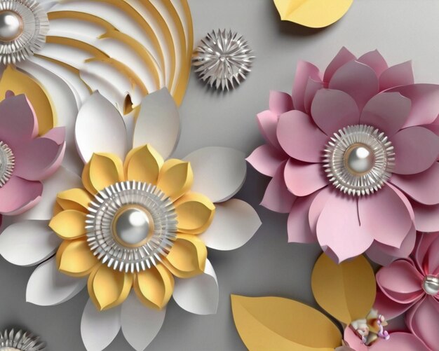 eine Collage aus Blumen mit einer silbernen Perle oben