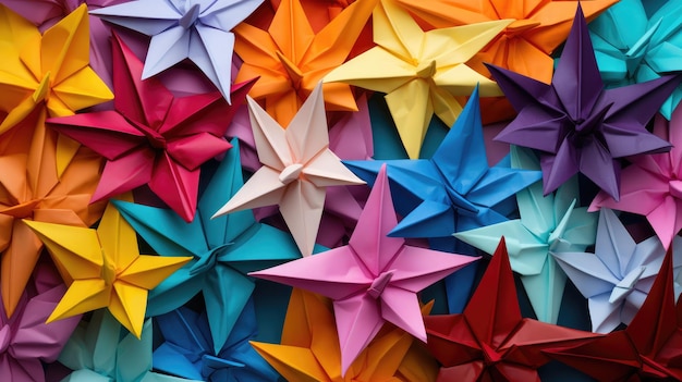 eine Collage aus bunten Origami-Kranichen, die Freundschaft und Einheit symbolisieren