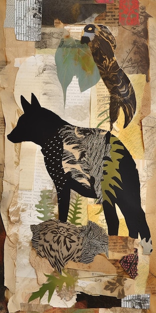 Eine Collage aus Tieren mit einem schwarzen Hund und einem Vogel auf der linken Seite.