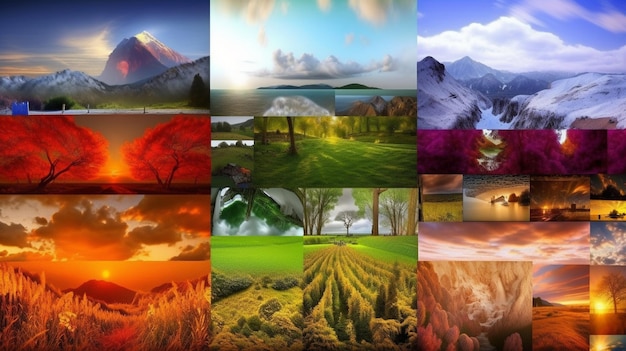 Foto eine collage aus verschiedenen landschaften, darunter berge, berge und der himmel.