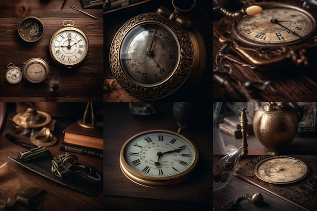 Eine Collage aus verschiedenen Uhren, darunter eine mit der Aufschrift „Die Zeit“.