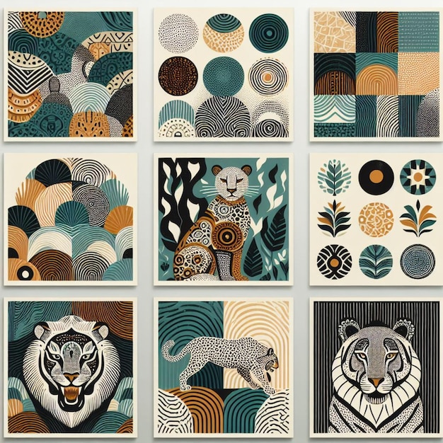 Foto eine collage verschiedener entwürfe, darunter ein tiger und ein tiger