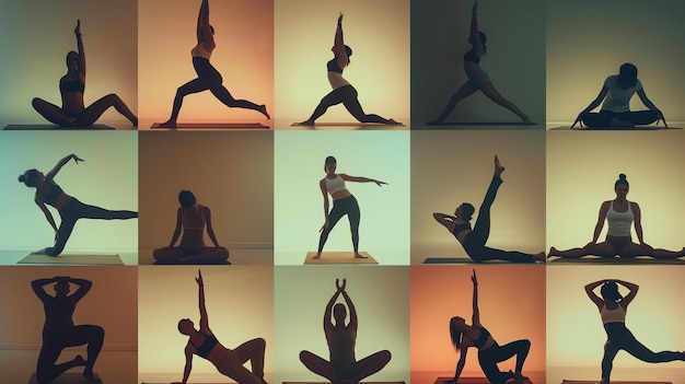 Eine Collage von Bildern einer Frau, die Yoga in verschiedenen Posen macht. Die Bilder sind alle in Silhouette und gegen einen farbenfrohen Hintergrund.