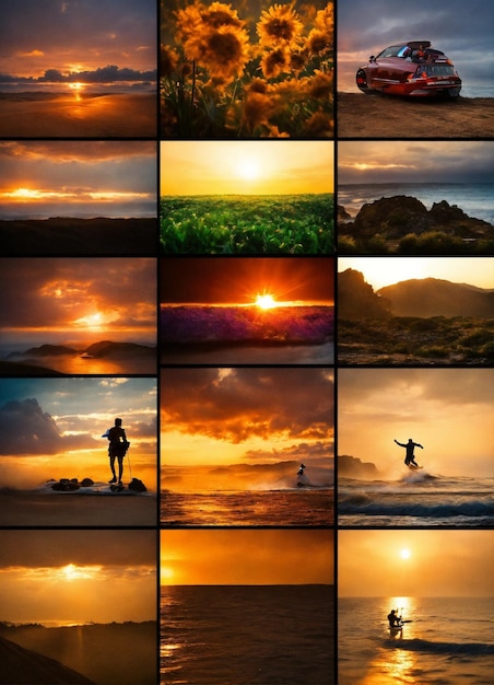 eine Collage von Fotos mit einem Mann auf einem Surfboard und der Sonne im Hintergrund